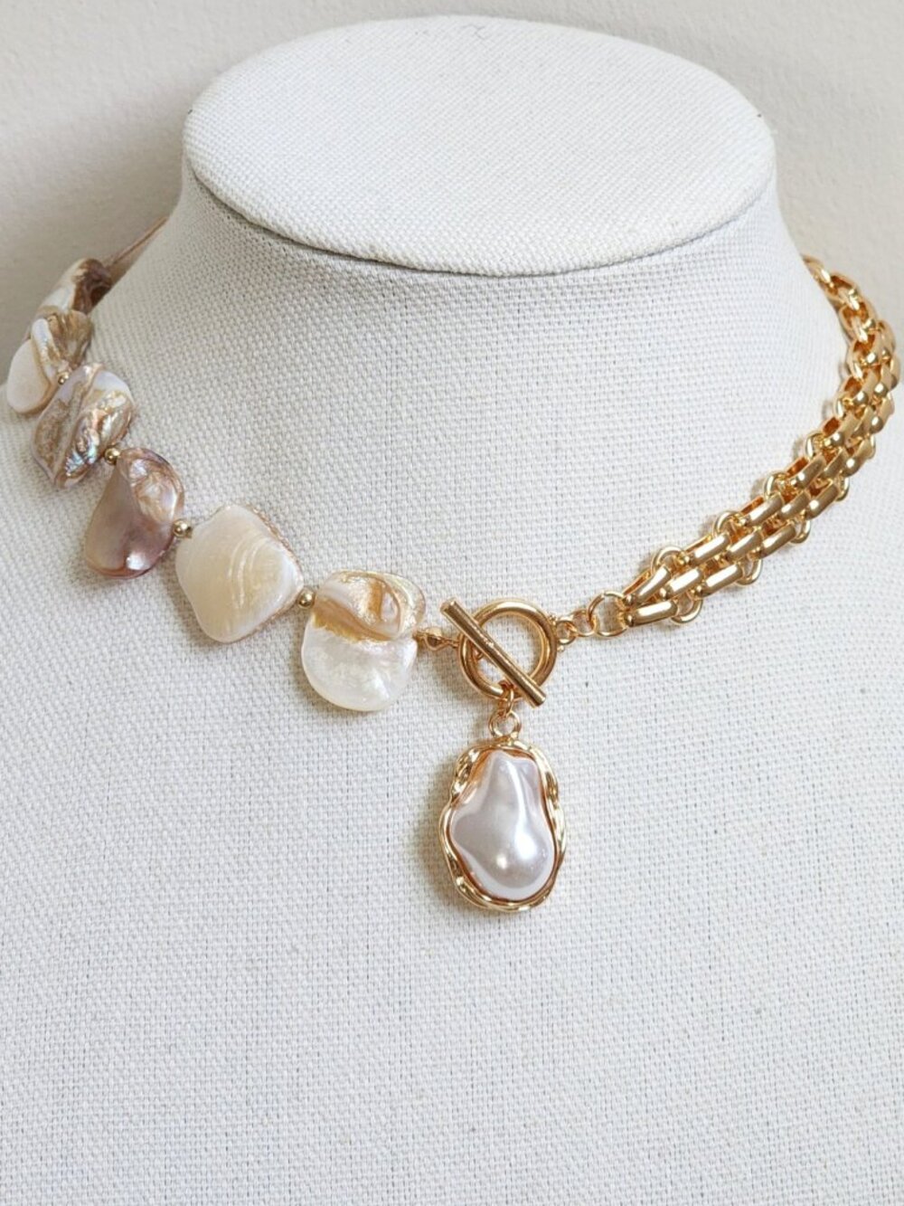Asymmetrical Mother of Pearl & Gold-Tone Chain Choker with Baroque Pearl Pendant